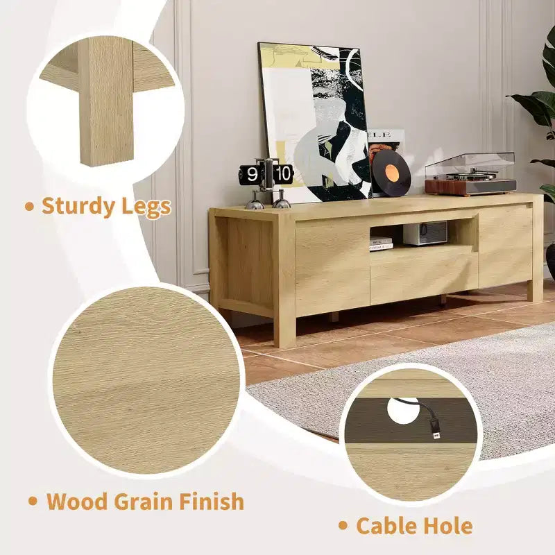 Meuble TV avec portes et placard, Bois naturel / Gris, Style ferme, 140/160 cm, Convient aux téléviseurs jusqu'à 70"