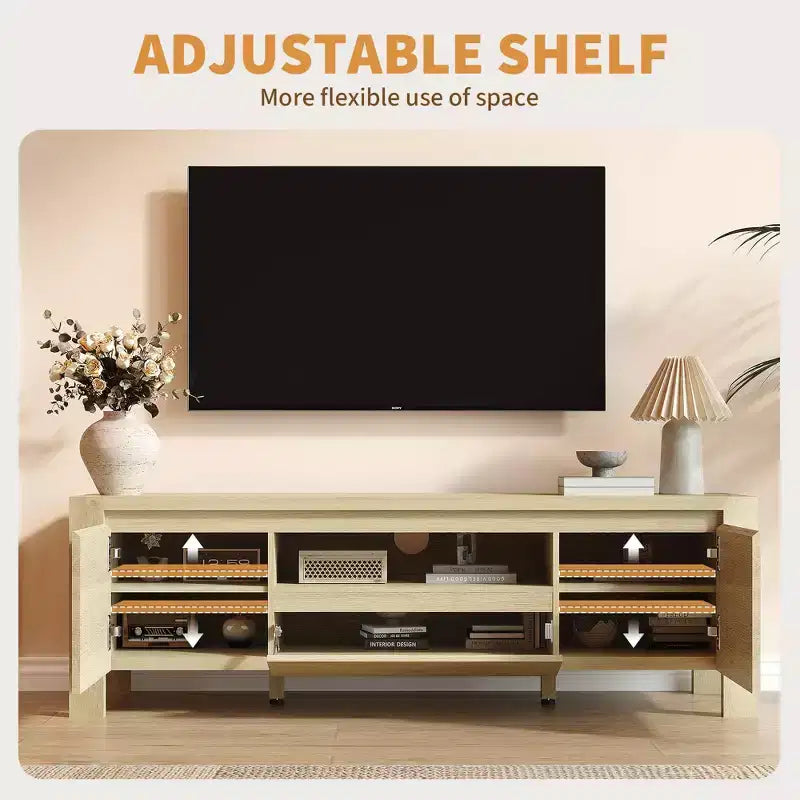 Meuble TV avec portes et placard, Bois naturel / Gris, Style ferme, 140/160 cm, Convient aux téléviseurs jusqu'à 70"