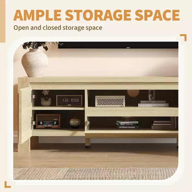 Meuble TV avec portes et placard, Bois naturel / Gris, Style ferme, 140/160 cm, Convient aux téléviseurs jusqu'à 70"