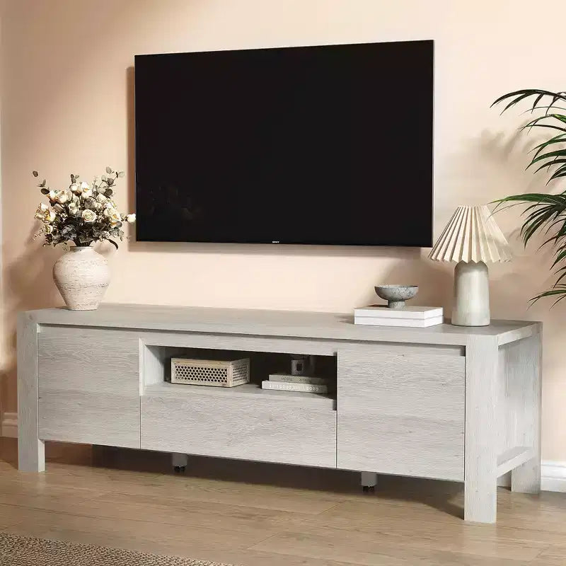 Meuble TV avec portes et placard, Bois naturel / Gris, Style ferme, 140/160 cm, Convient aux téléviseurs jusqu'à 70"