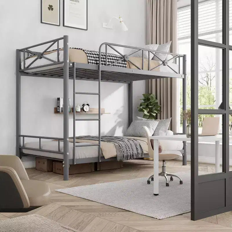 Lit superposé en métal noir/gris/blanc avec cadre floral et garde-corps, pour 2 personnes