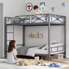 Lit superposé en métal noir/gris/blanc avec cadre floral et garde-corps, pour 2 personnes