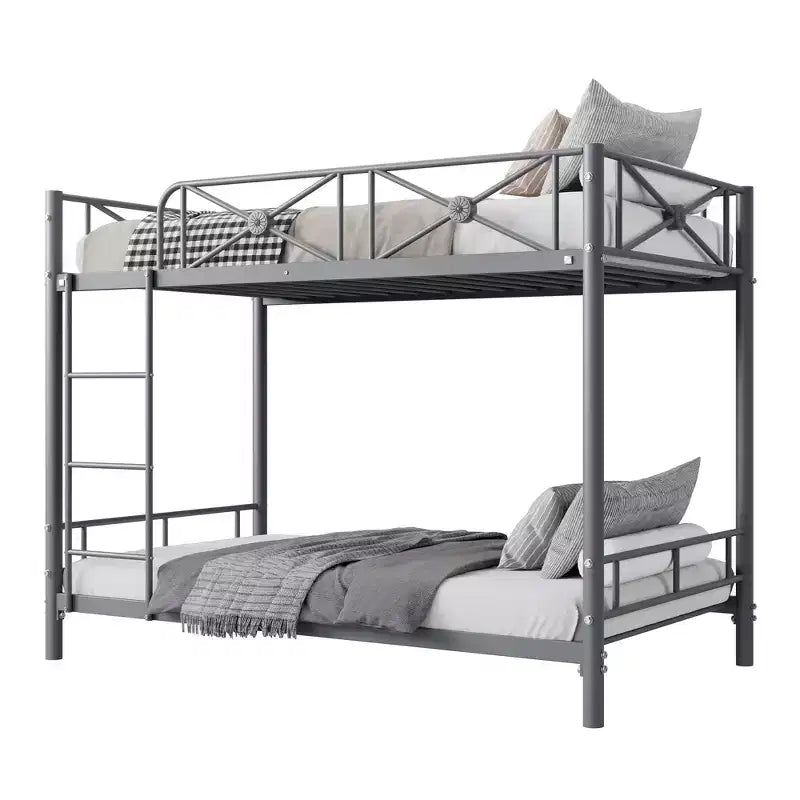 Lit superposé en métal noir/gris/blanc avec cadre floral et garde-corps, pour 2 personnes