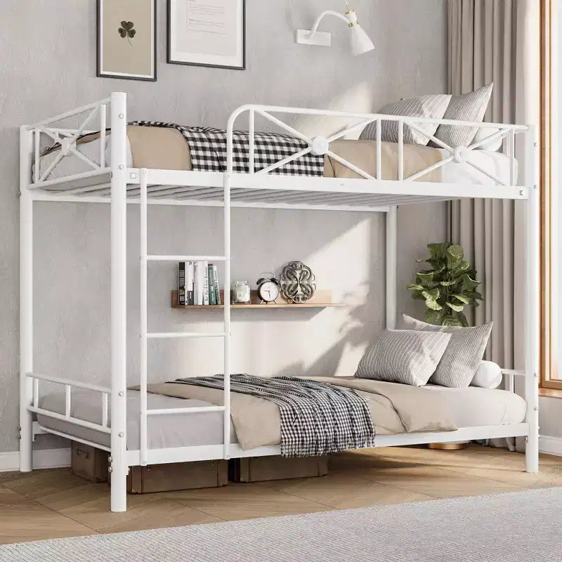 Lit superposé en métal noir/gris/blanc avec cadre floral et garde-corps, pour 2 personnes