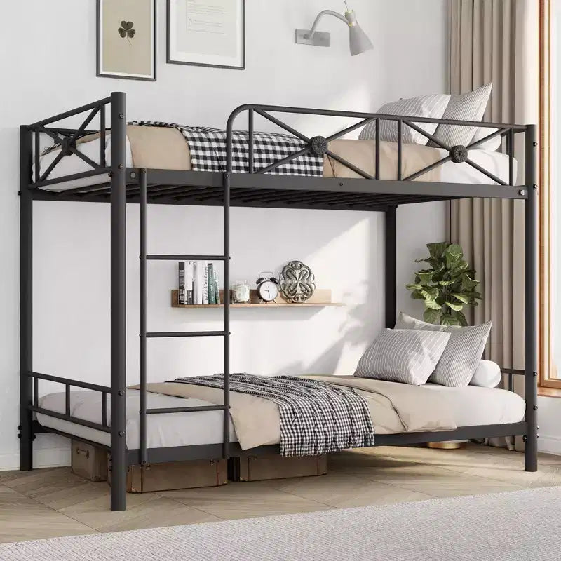 Lit superposé en métal noir/gris/blanc avec cadre floral et garde-corps, pour 2 personnes