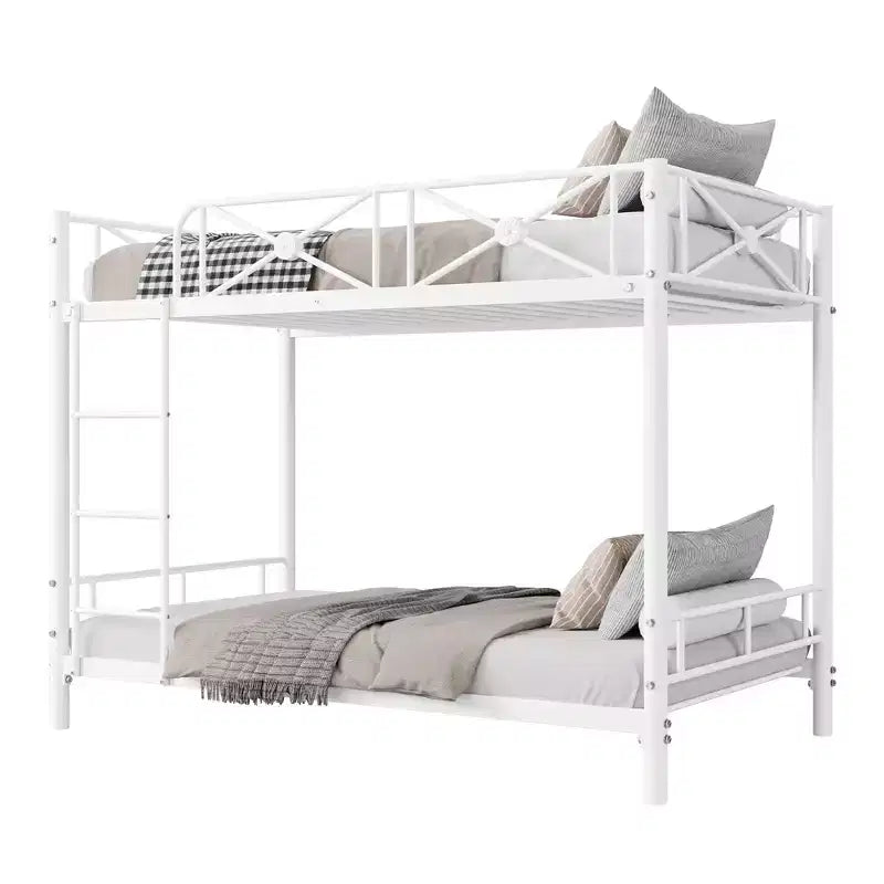 Lit superposé en métal noir/gris/blanc avec cadre floral et garde-corps, pour 2 personnes