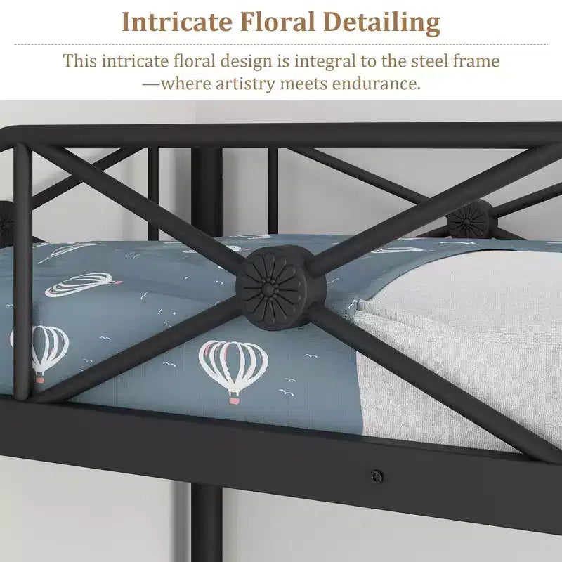 Black / Grey / White Metal Twin Over Twin Bunk Bed with Floral Frame & Guardrail, for 2