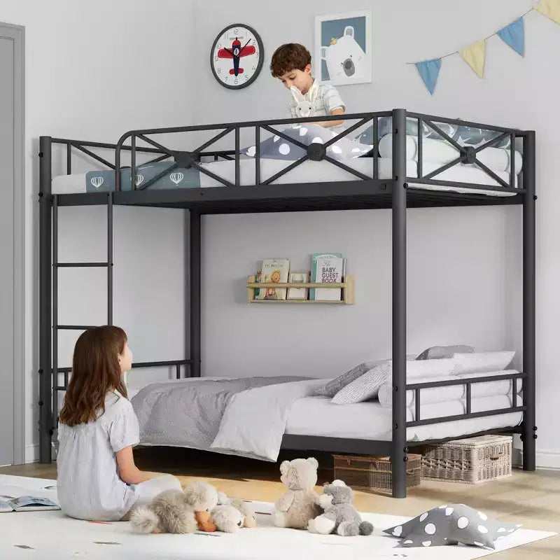 Lit superposé en métal noir/gris/blanc avec cadre floral et garde-corps, pour 2 personnes