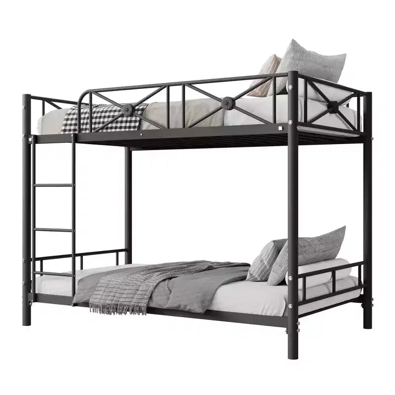 Lit superposé en métal noir/gris/blanc avec cadre floral et garde-corps, pour 2 personnes