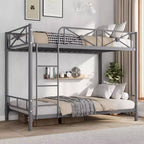 Lit superposé en métal noir/gris/blanc avec cadre floral et garde-corps, pour 2 personnes