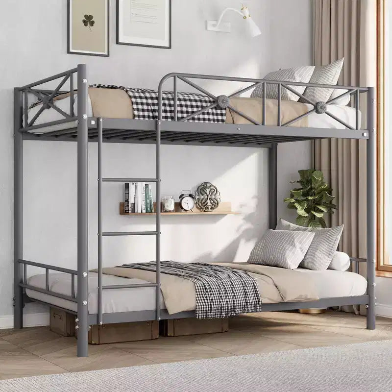 Lit superposé en métal noir/gris/blanc avec cadre floral et garde-corps, pour 2 personnes