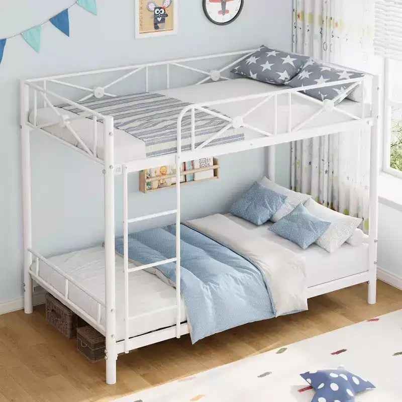 Lit superposé en métal noir/gris/blanc avec cadre floral et garde-corps, pour 2 personnes