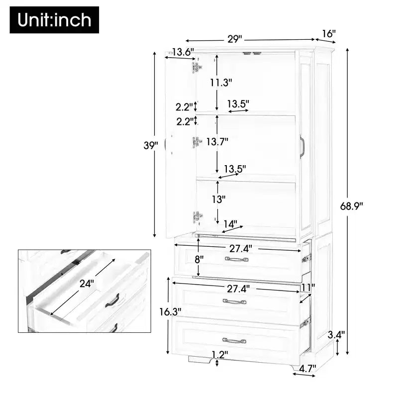Clara Modern Tall Bathroom Storage Cabinet – Double Doors, Adjustable Shelf & 2 Drawers