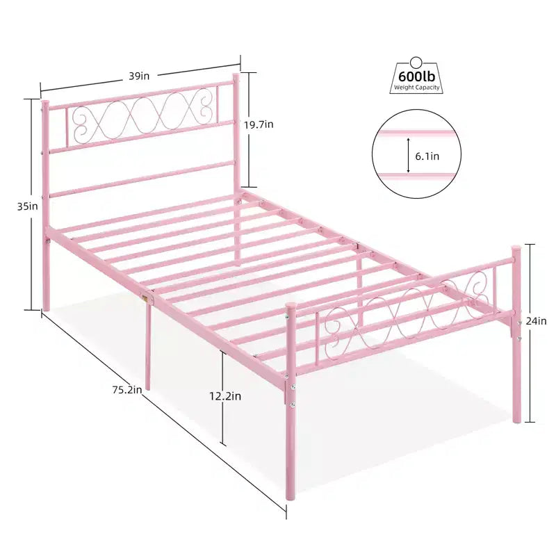 Cadre de lit plateforme en métal noir / rose / violet taro / blanc avec tête et pied de lit, du lit simple au très grand lit californien