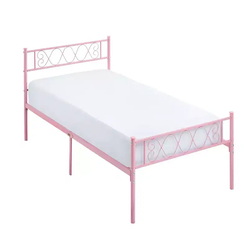 Cadre de lit plateforme en métal noir / rose / violet taro / blanc avec tête et pied de lit, du lit simple au très grand lit californien