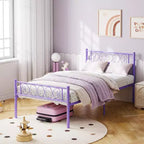 Cadre de lit plateforme en métal noir / rose / violet taro / blanc avec tête et pied de lit, du lit simple au très grand lit californien