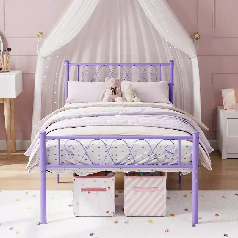 Cadre de lit plateforme en métal noir / rose / violet taro / blanc avec tête et pied de lit, du lit simple au très grand lit californien