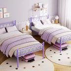 Cadre de lit plateforme en métal noir / rose / violet taro / blanc avec tête et pied de lit, du lit simple au très grand lit californien
