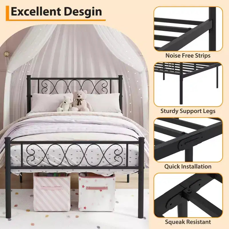 Black / Pink / Taro Purple / White Metal Platform Bed Frame with Headboard & Footboard, Twin to Cal King