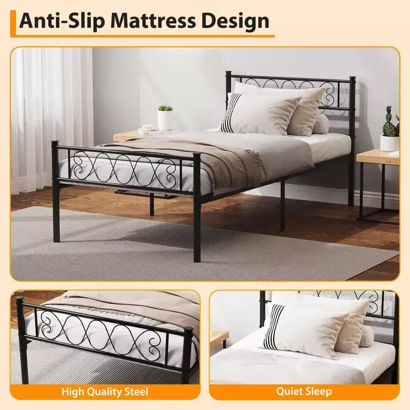 Cadre de lit plateforme en métal noir / rose / violet taro / blanc avec tête et pied de lit, du lit simple au très grand lit californien