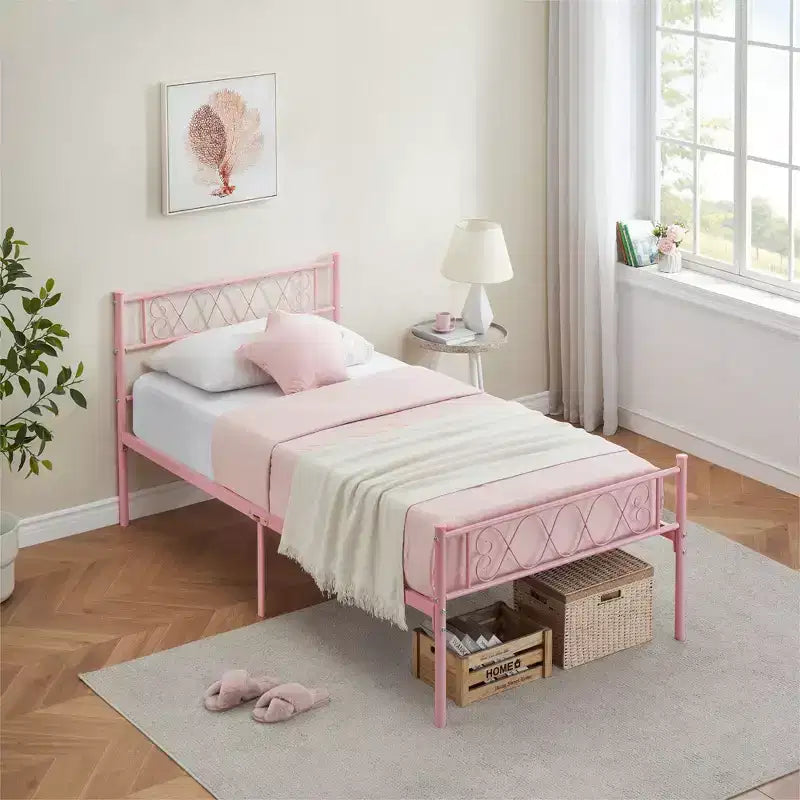 Black / Pink / Taro Purple / White Metal Platform Bed Frame with Headboard & Footboard, Twin to Cal King