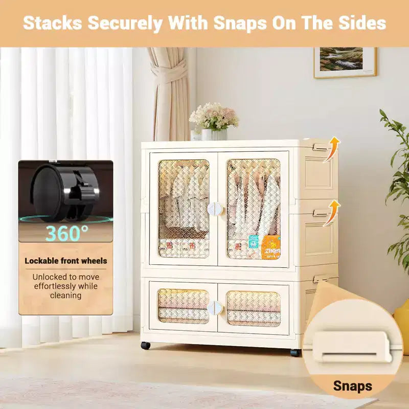 2-Tier Storage Wardrobe with Transparent Doors & Rolling Bins – Collapsible Home Organizer