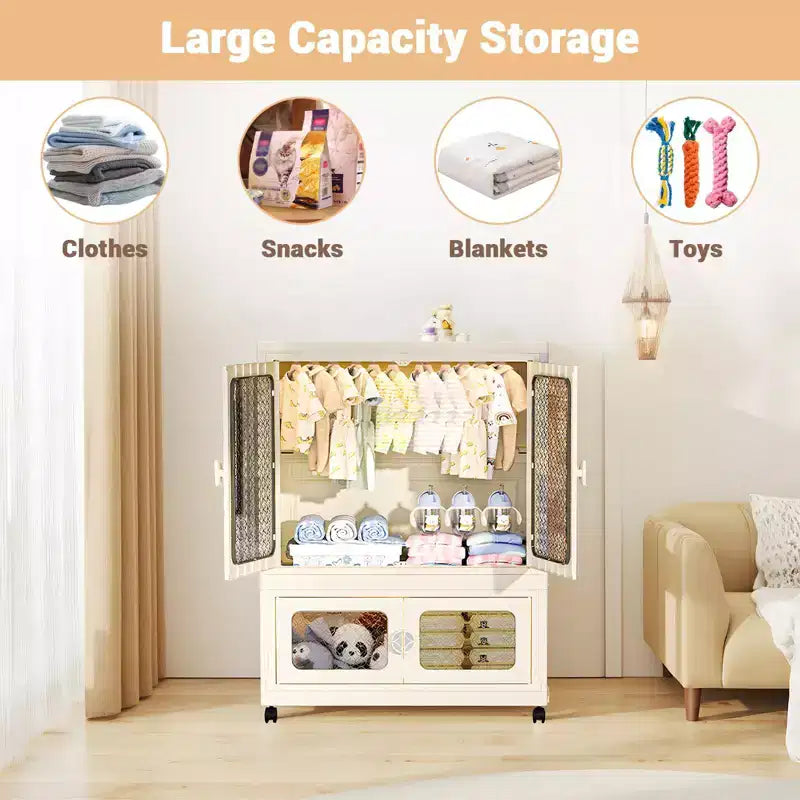 2-Tier Storage Wardrobe with Transparent Doors & Rolling Bins – Collapsible Home Organizer